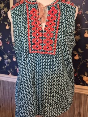 J. Crew Teal and Red Patterned Sleeveless Top